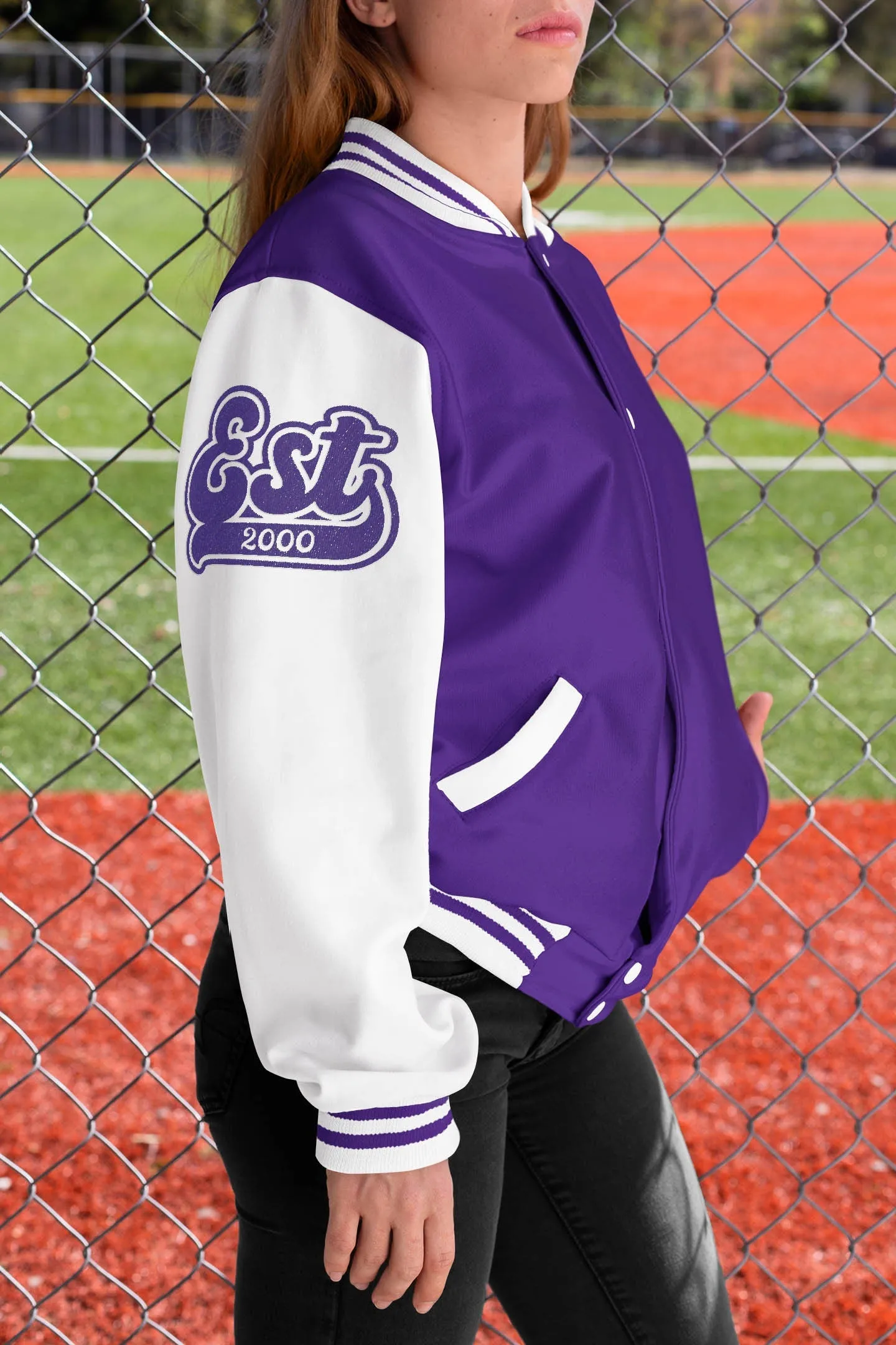 Kids and Adults Personalised Varsity Jacket Name Initial Date Established Purple Body White Arms