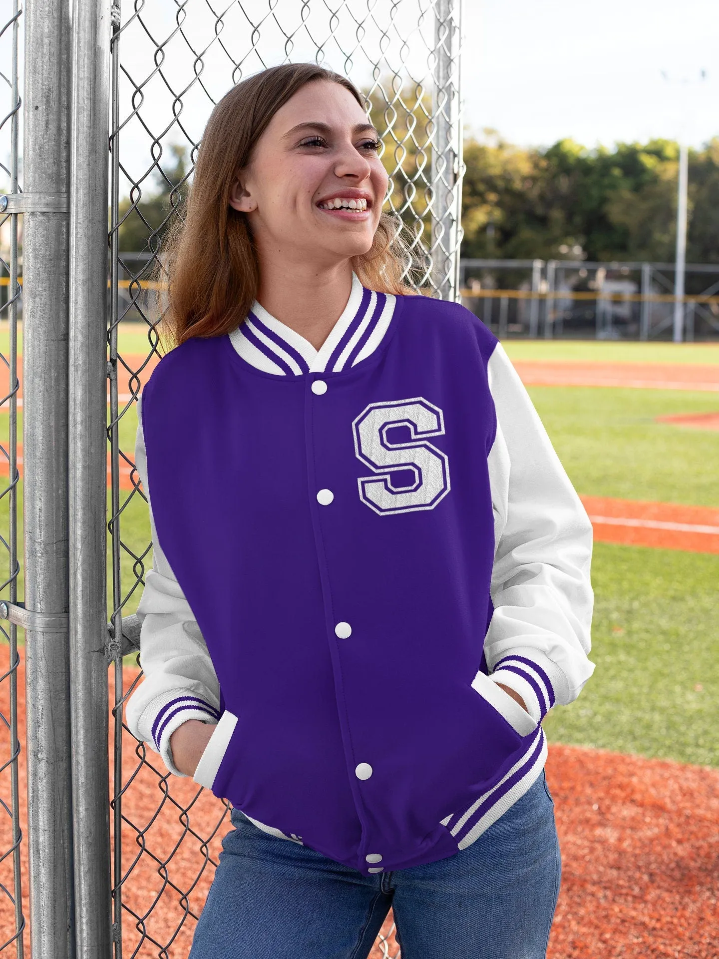 Kids and Adults Personalised Varsity Jacket Name Initial Date Established Purple Body White Arms