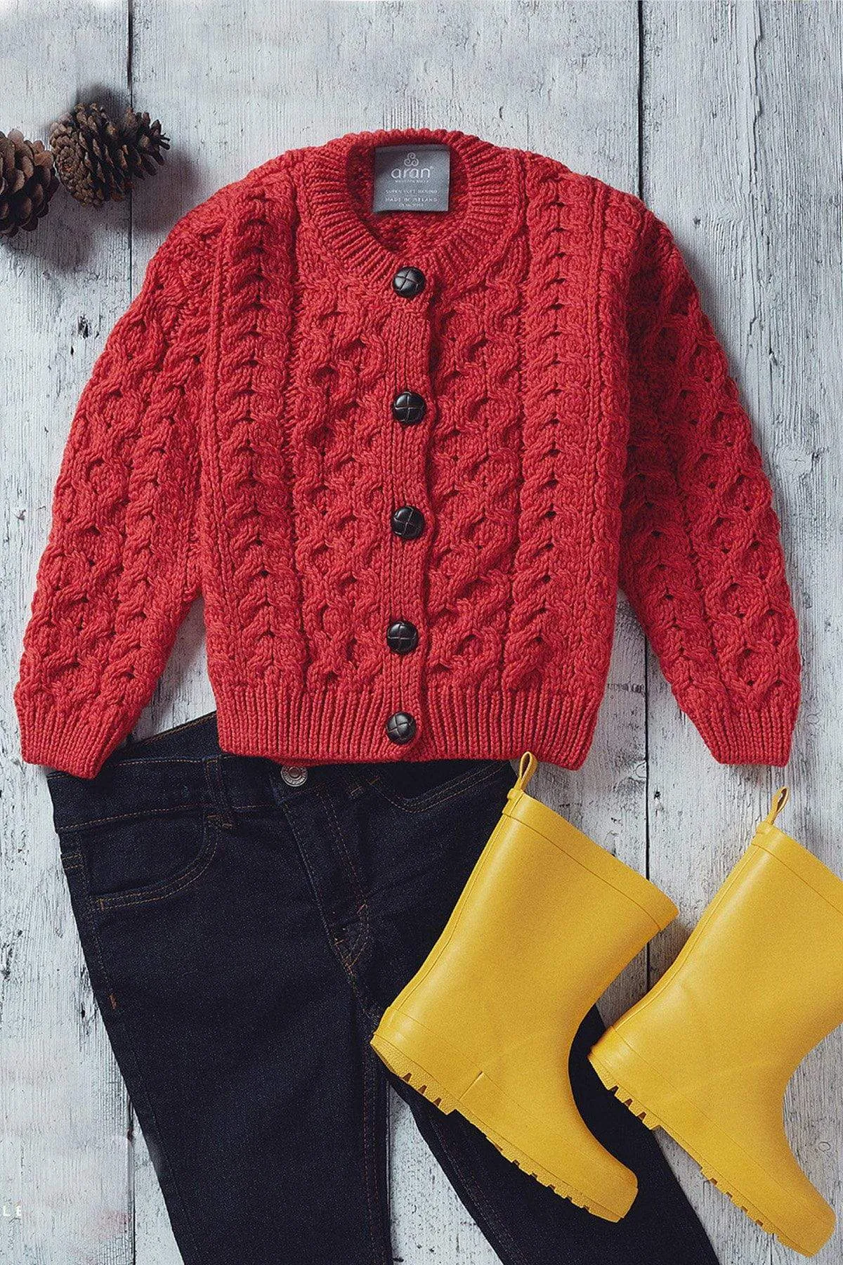 Kids Aran Cardigan in Red