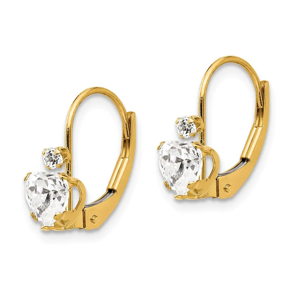 Clear Cubic Zirconia Heart Lever Back Earrings for Kids in 14k Yellow Gold