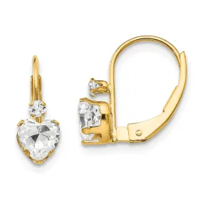 Clear Cubic Zirconia Heart Lever Back Earrings for Kids in 14k Yellow Gold