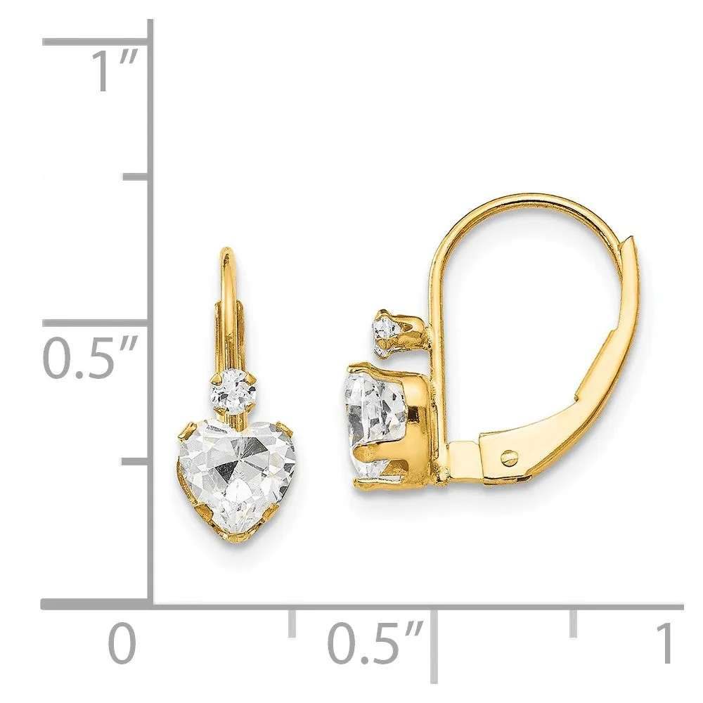 Clear Cubic Zirconia Heart Lever Back Earrings for Kids in 14k Yellow Gold