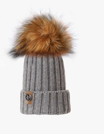 KIDS FAUX POM POM HAT - GREY