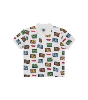 KIDS White Jumble Robot Print Pique Polo Shirt