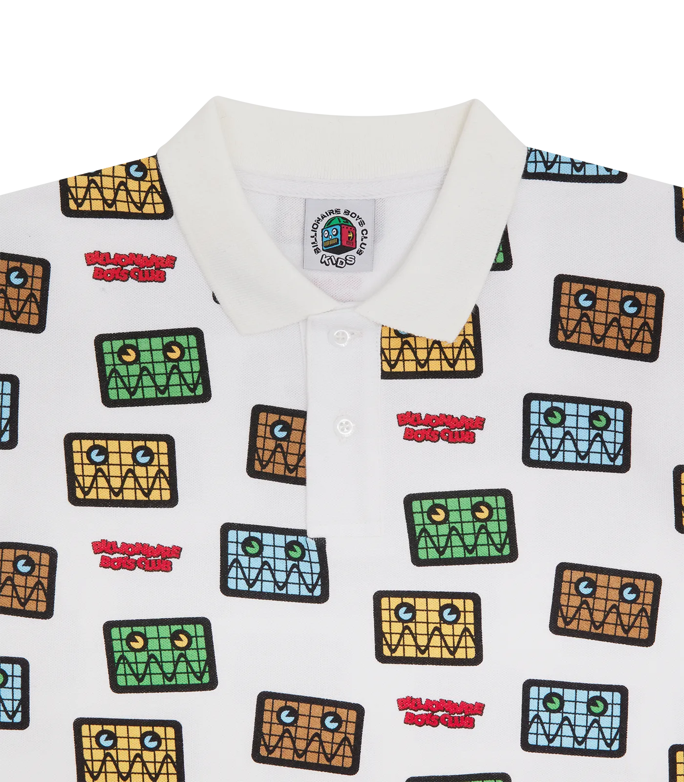 KIDS White Jumble Robot Print Pique Polo Shirt