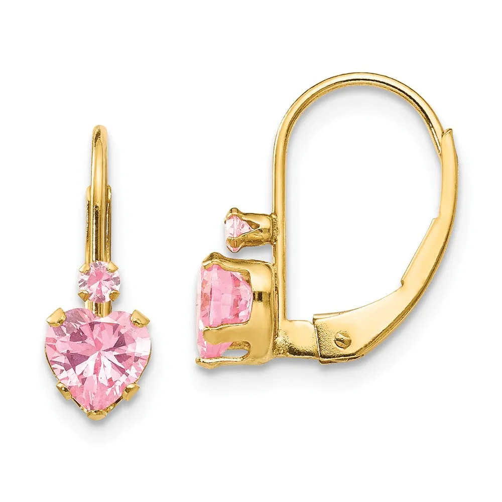 14k Yellow Gold Kids Pink Heart Lever Back Earrings with Cubic Zirconia