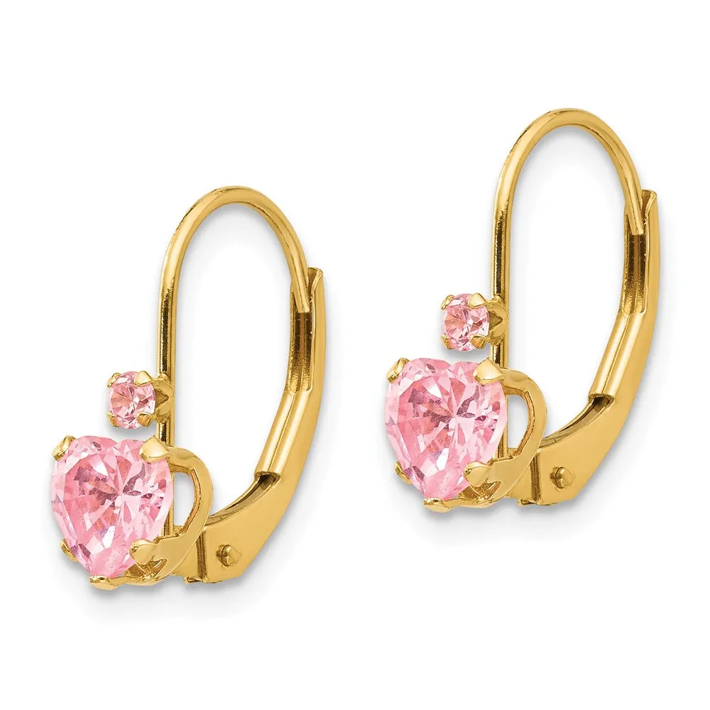 14k Yellow Gold Kids Pink Heart Lever Back Earrings with Cubic Zirconia