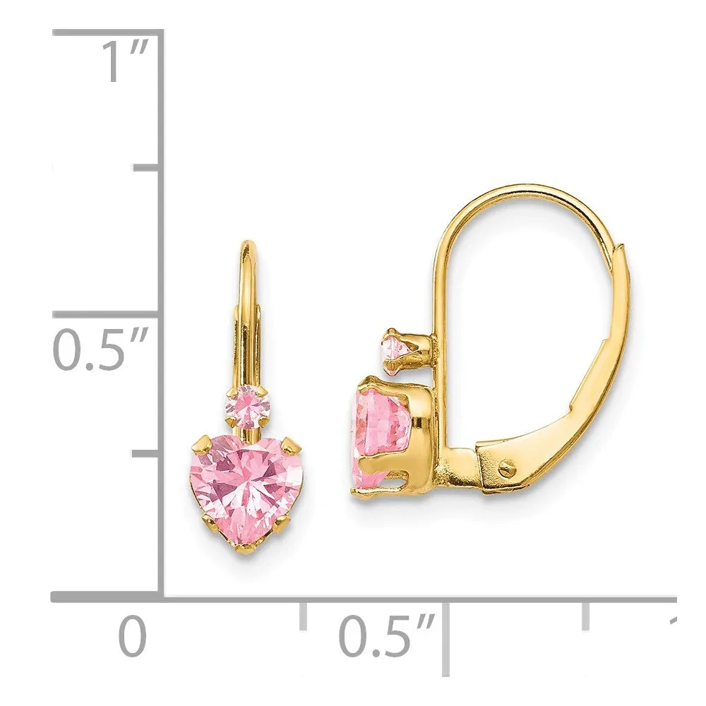 14k Yellow Gold Kids Pink Heart Lever Back Earrings with Cubic Zirconia