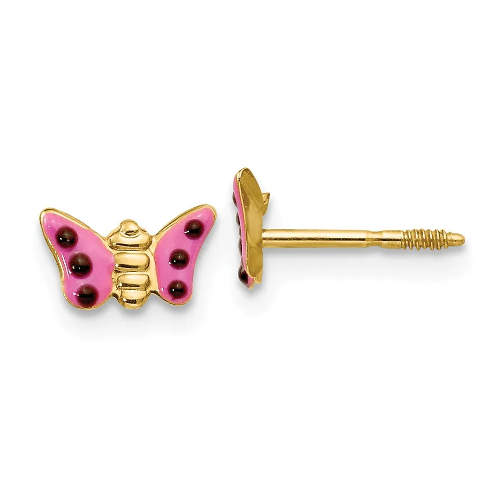 Pink Enameled Butterfly Post Earrings for Kids in 14k Yellow Gold