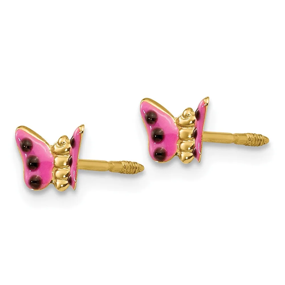 Pink Enameled Butterfly Post Earrings for Kids in 14k Yellow Gold