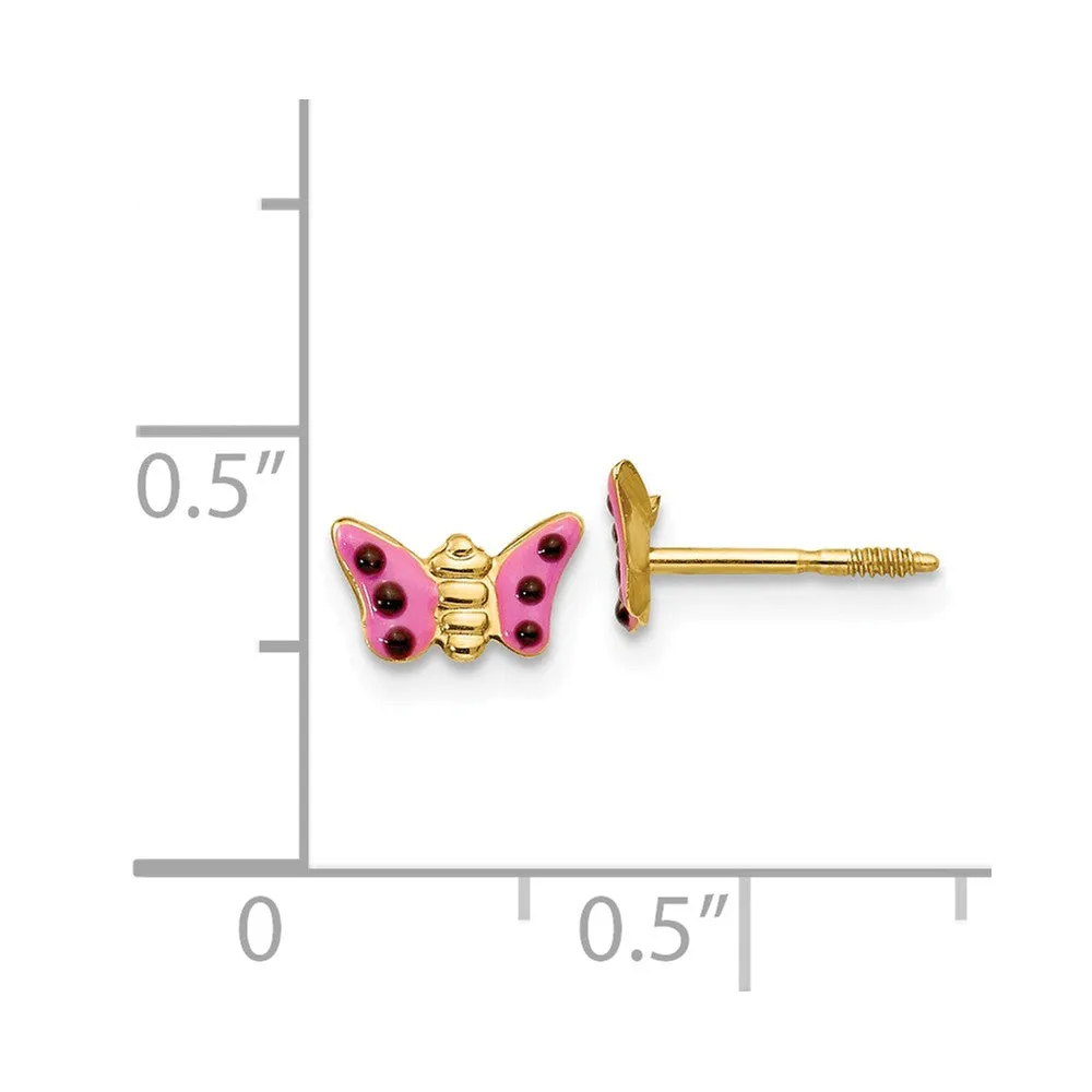 Pink Enameled Butterfly Post Earrings for Kids in 14k Yellow Gold