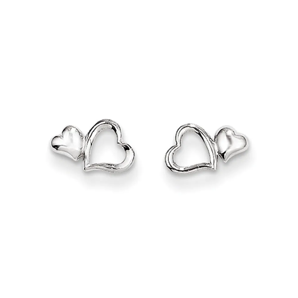 Tiny Double Heart Post Earrings for Kids in 14k White Gold