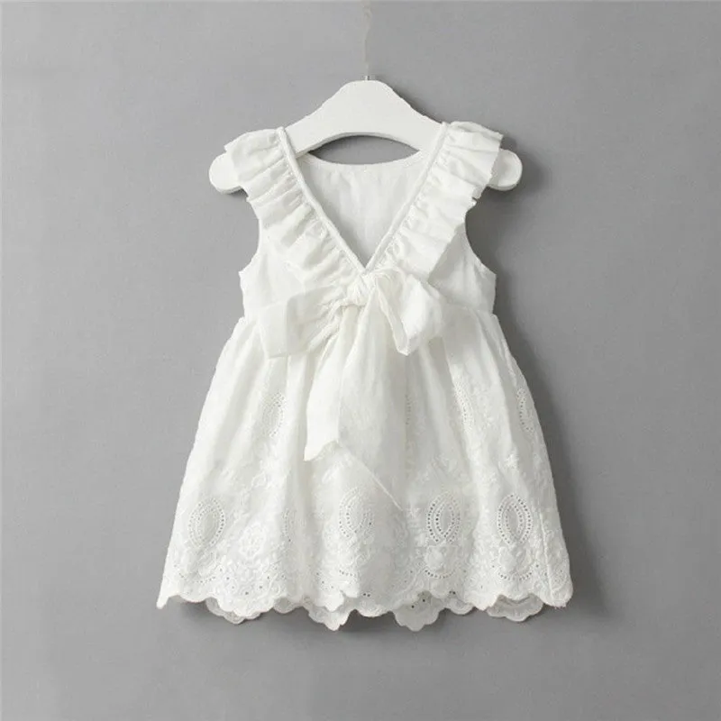 Lace Princess Party Dress for Toddler Girls with Bowknot V-Neck and Sleeveless Design