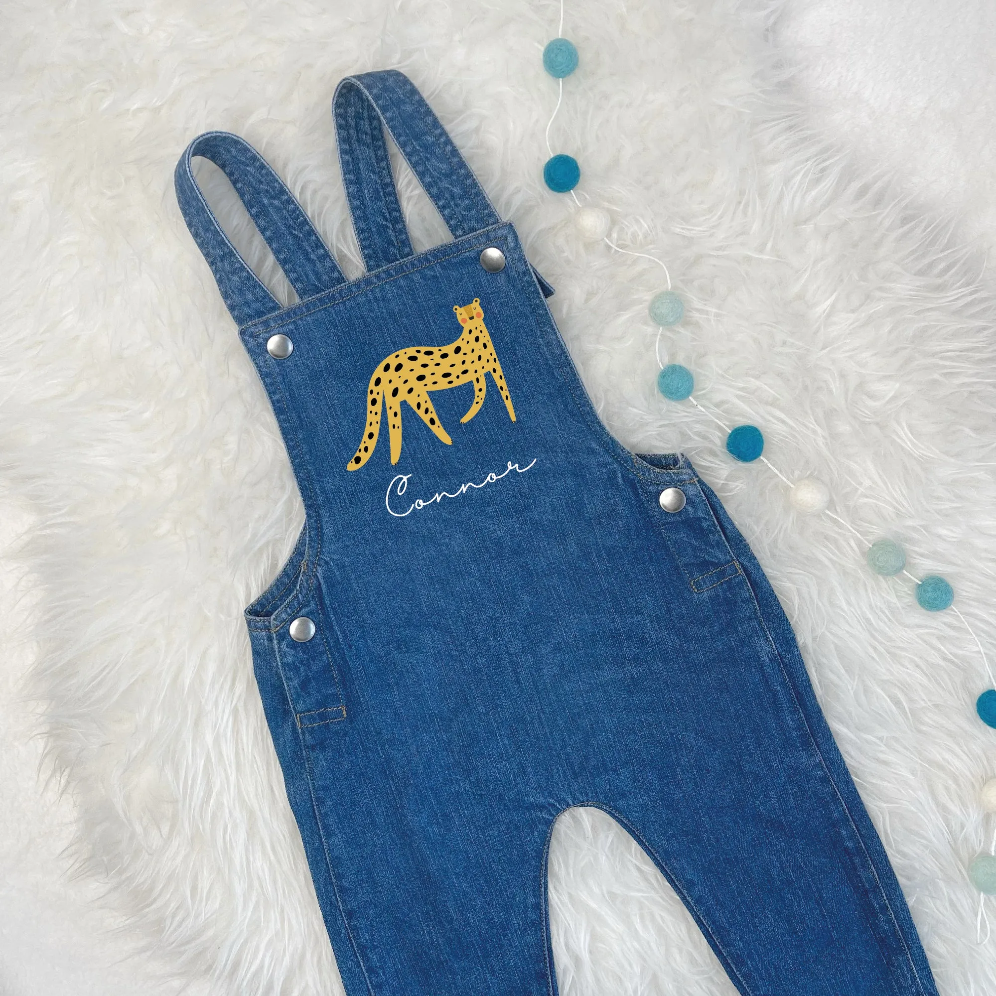 Leopard Personalised Baby/Kids Denim Dungarees