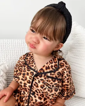 Midnight Mischief - Baby & Kids Luxe Satin Personalised Short Sleeve Pyjama Set | Leopard Print