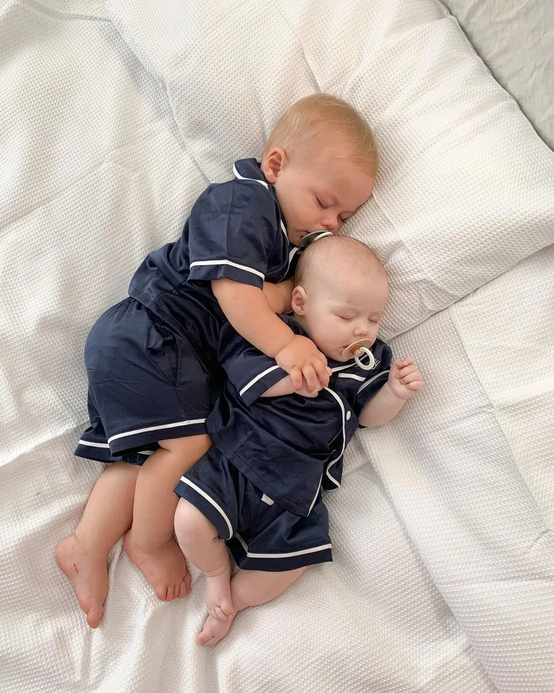 Midnight Mischief - Baby & Kids Luxe Satin Personalised Short Sleeve Pyjama Set | Navy & White