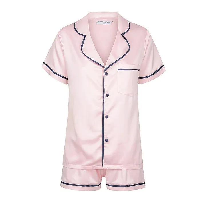 Midnight Mischief - Baby & Kids Luxe Satin Personalised Short Sleeve Pyjama Set | Pink & Navy