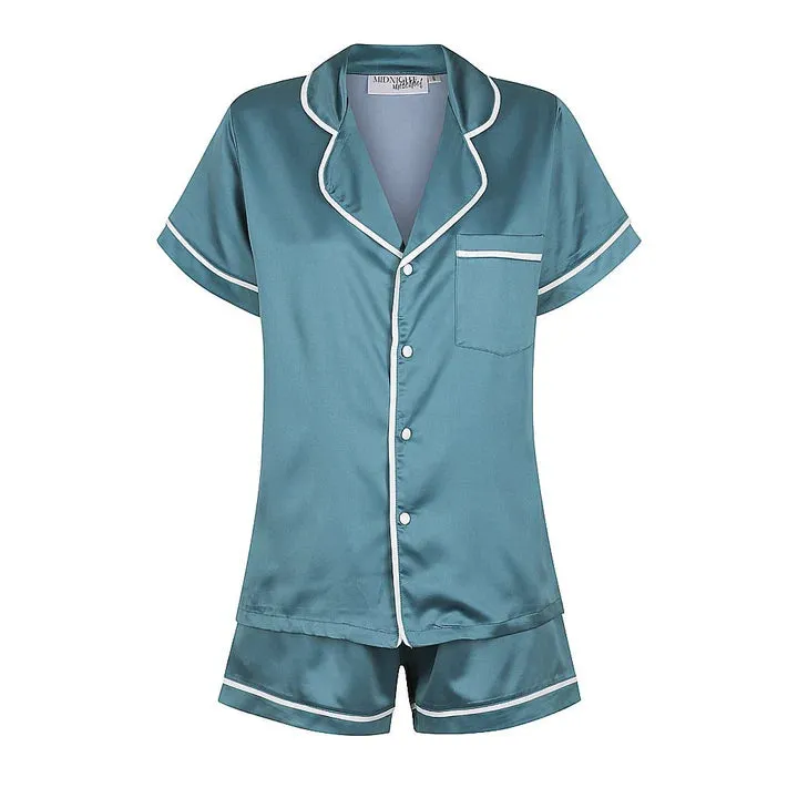 Midnight Mischief - Baby & Kids Luxe Satin Personalised Short Sleeve Pyjama Set | Teal & White