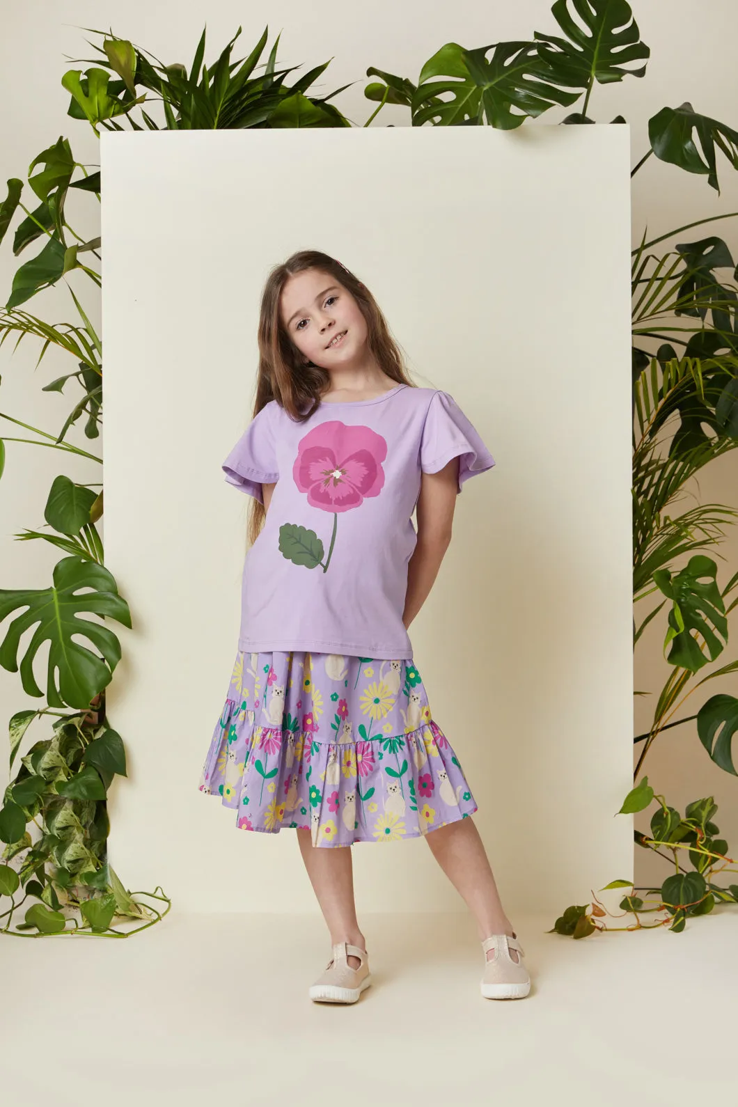 Frilly Tee for Kids with Pansy Design