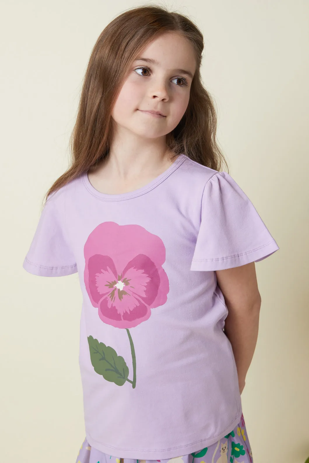 Frilly Tee for Kids with Pansy Design