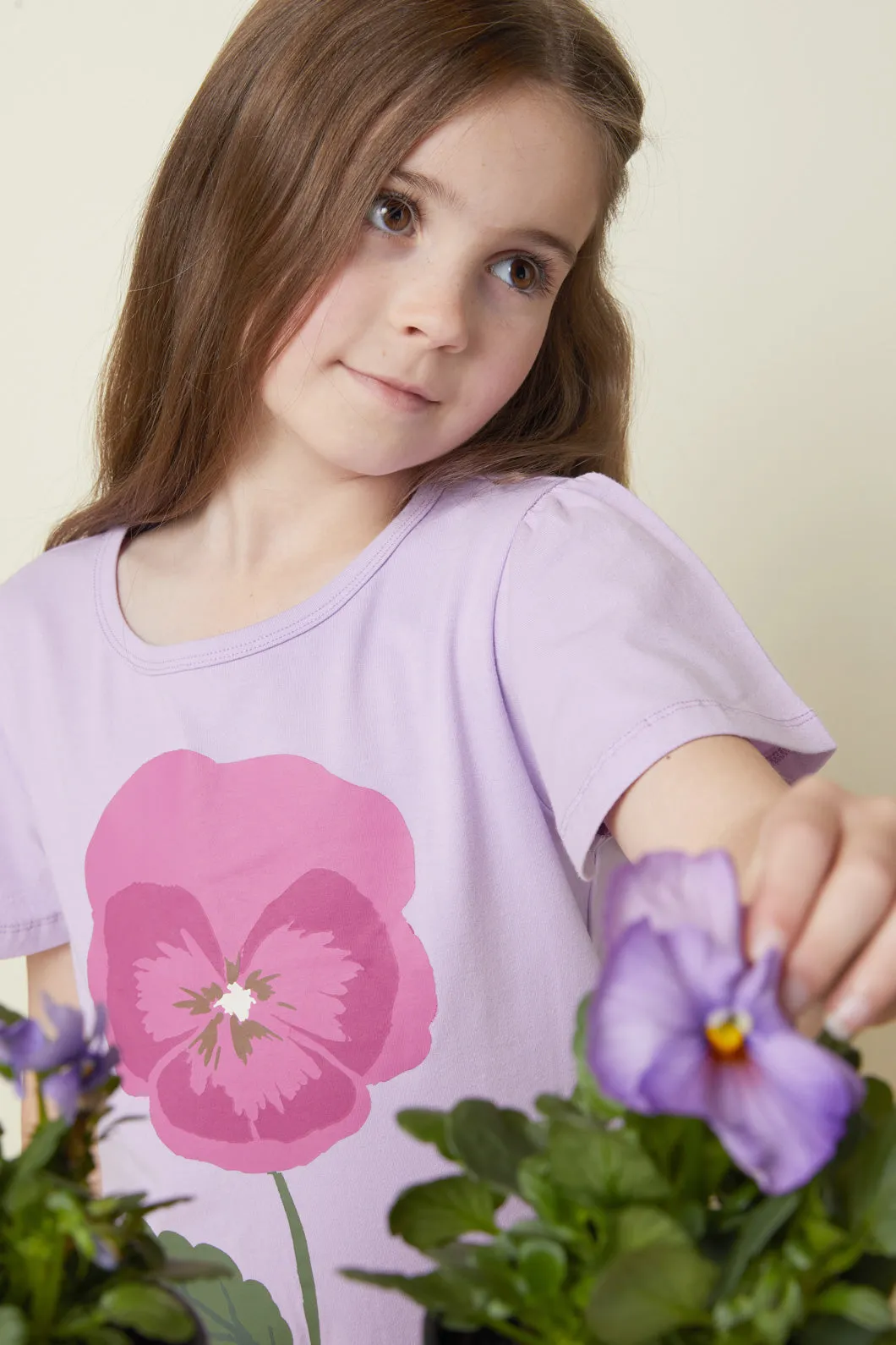 Frilly Tee for Kids with Pansy Design