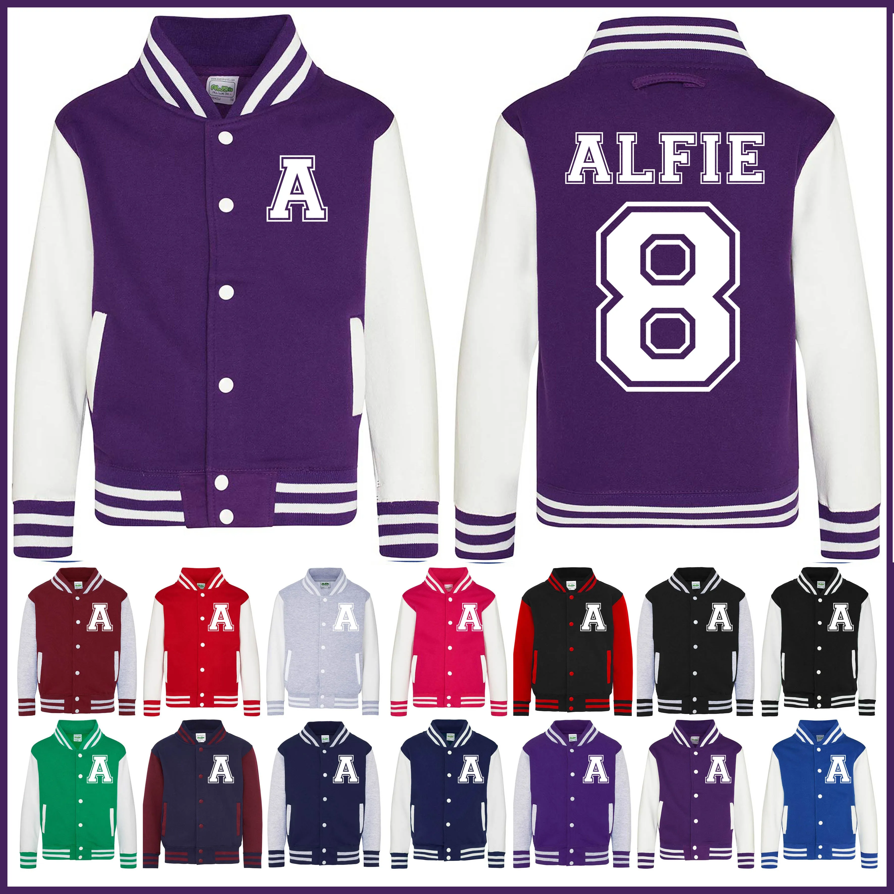 Personalised Kids Varsity Jacket, Initial and Name Number, Children's & Adults Sports Jacket, College Jacket