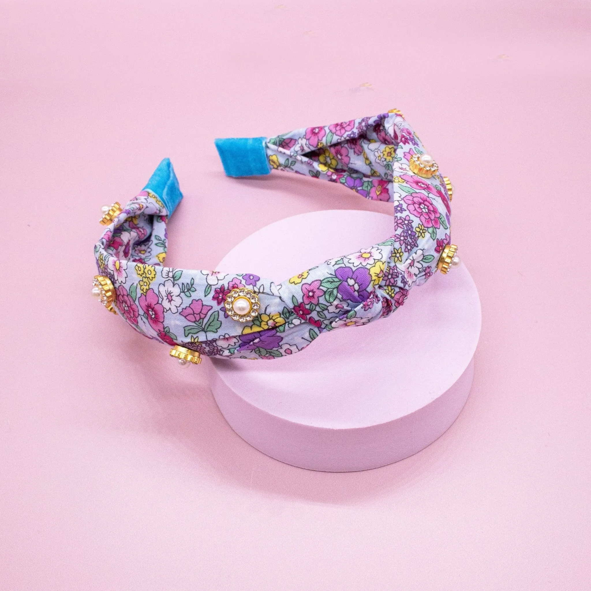 Floral Stud Knot Headband with Rhinestones & Pearls