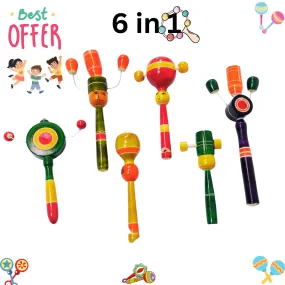 Set of 6 Wooden Rattle Toys for Infants 0-6 Months (Assorted Colors, Random Designs)