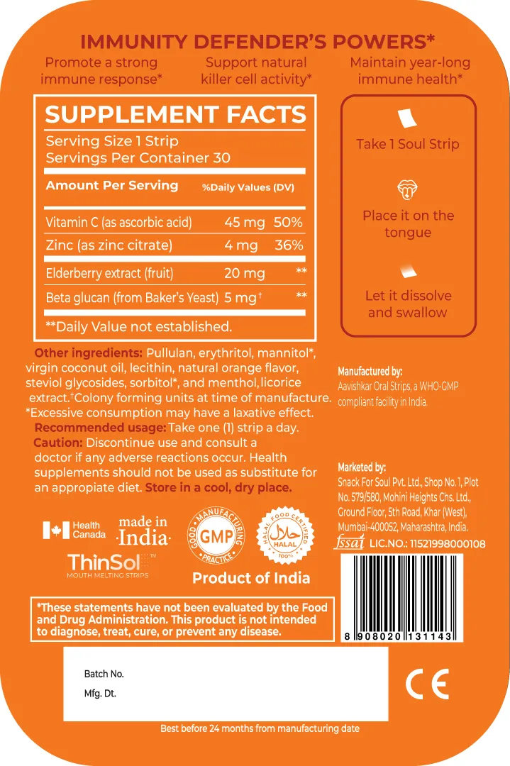 Kids Orange Flavor Sugar Free Vegan Immune Booster Strips (30)