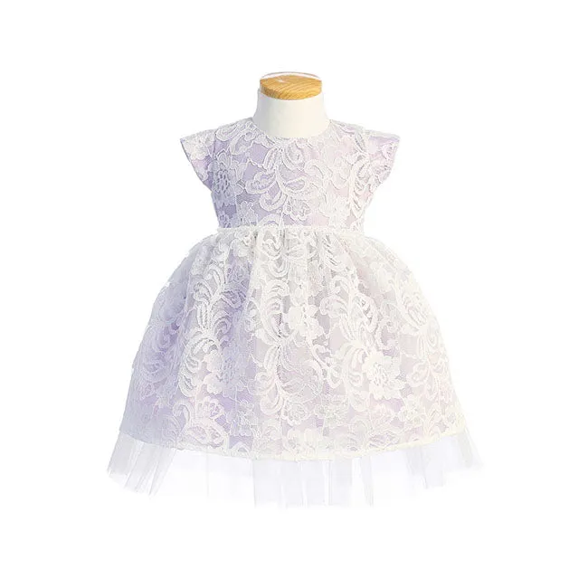 Sweet Kids Floral Lace Dress with Peek A Boo Detail and Pearl Trim - Lavender