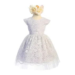 Sweet Kids Floral Lace Dress with Peek A Boo Detail and Pearl Trim - Lavender