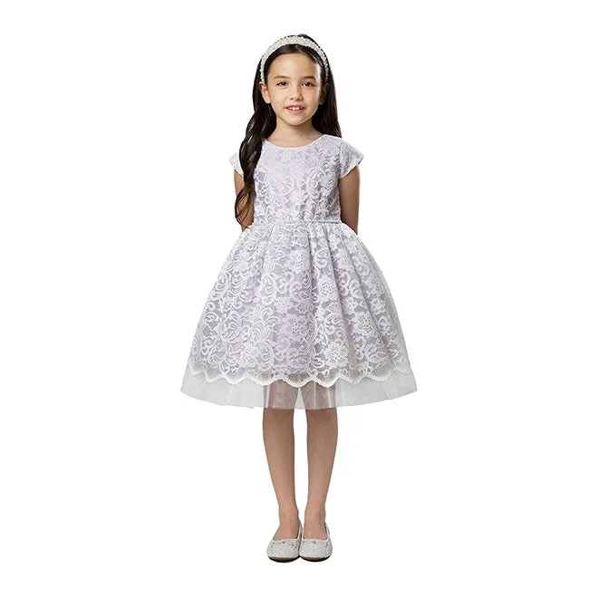 Sweet Kids Floral Lace Dress with Peek A Boo Detail and Pearl Trim - Lavender