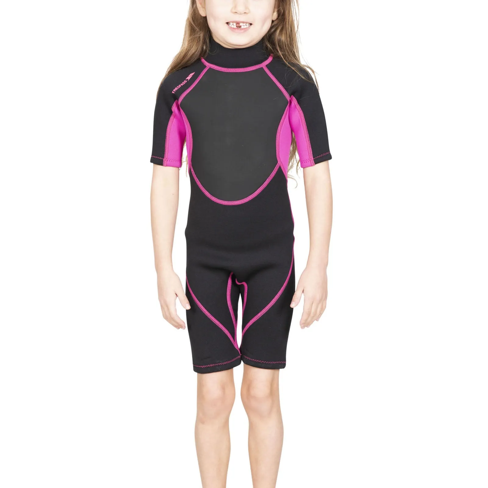 Trespass Kids Astor 3MM Short Sleeve Surfing Short Wetsuit - Black/Pink