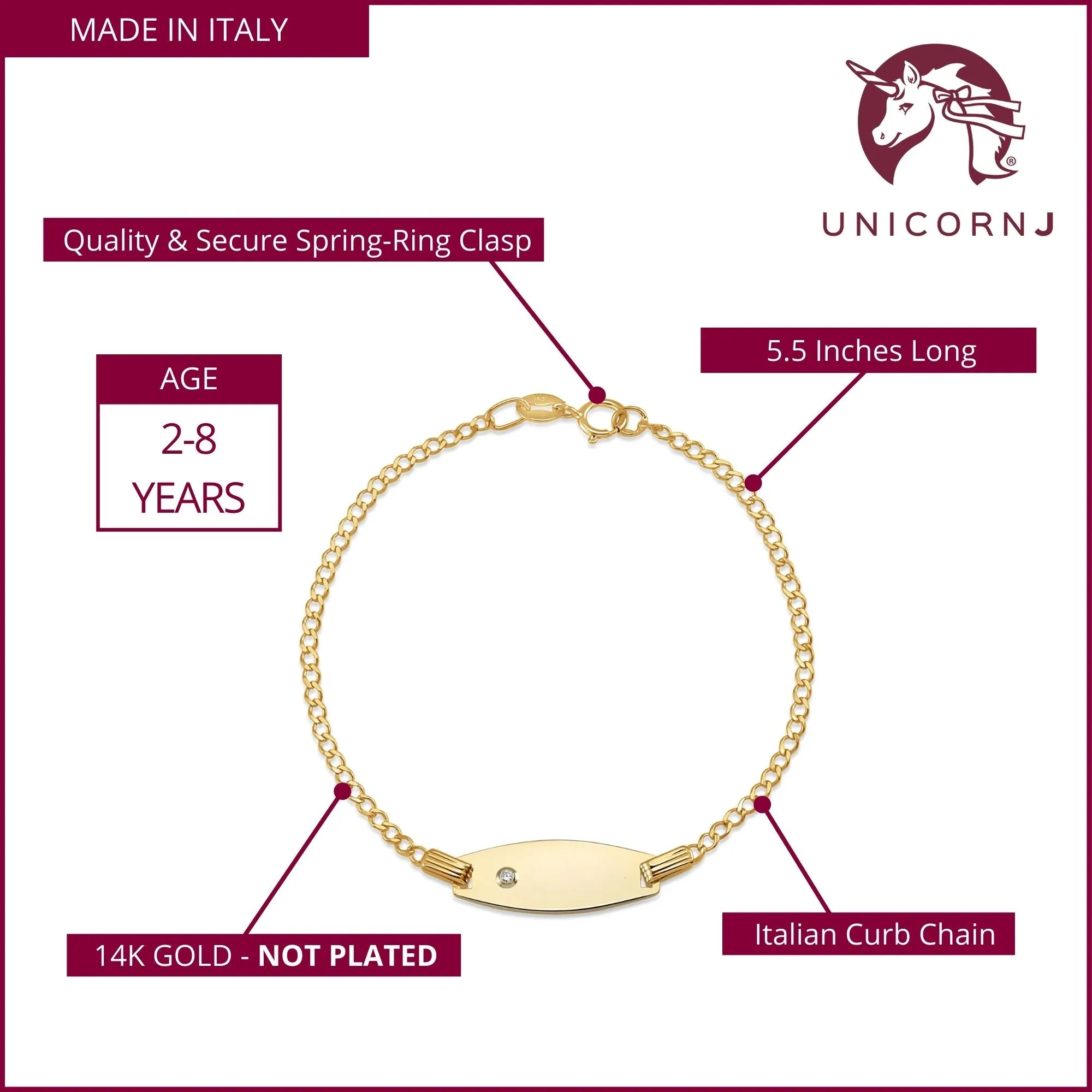 Italian UNICORNJ Kids 14K Gold Bowed ID Bracelet with Diamond Accent