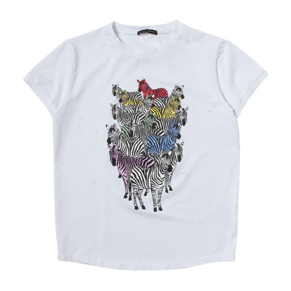 White Children's T-shirt with Zebra Print and Ripped Detail