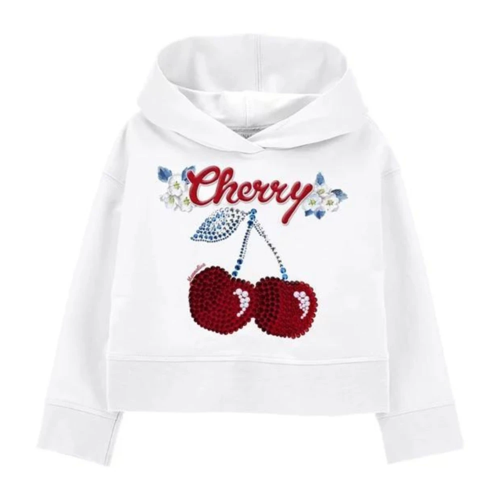 White Cropped Sweater with Cherry Embroidery