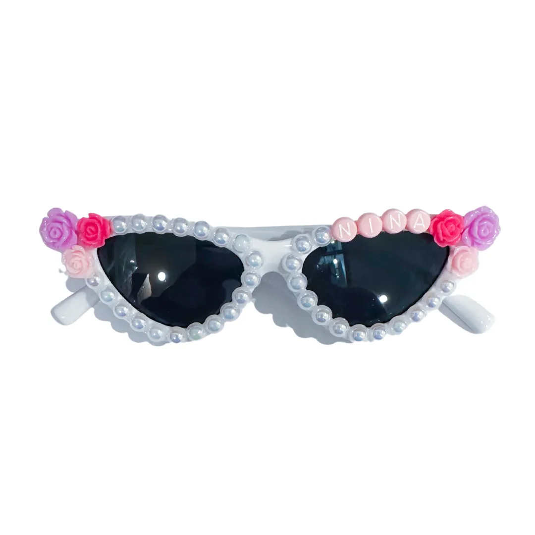 White Custom Cat Eye Sunnies with Flowers