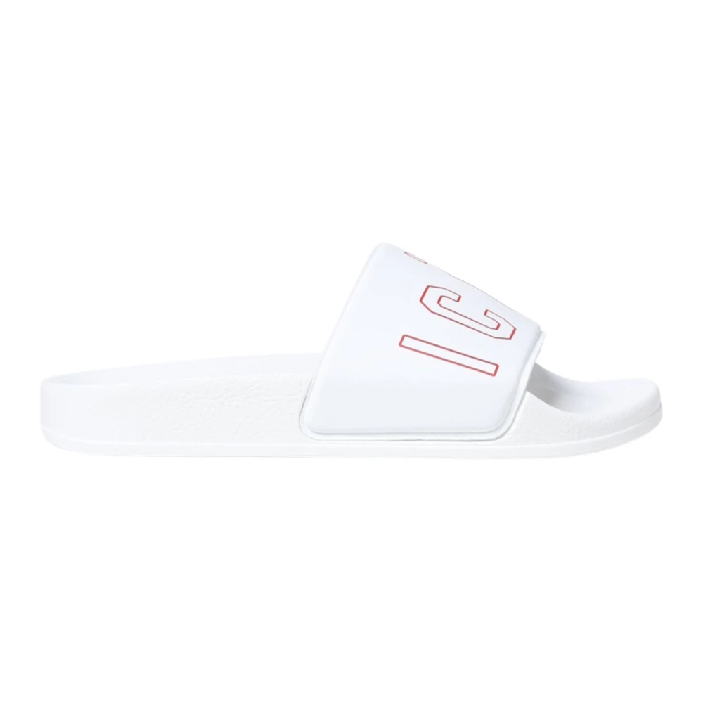 White Kids Slippers with Red Logo Print