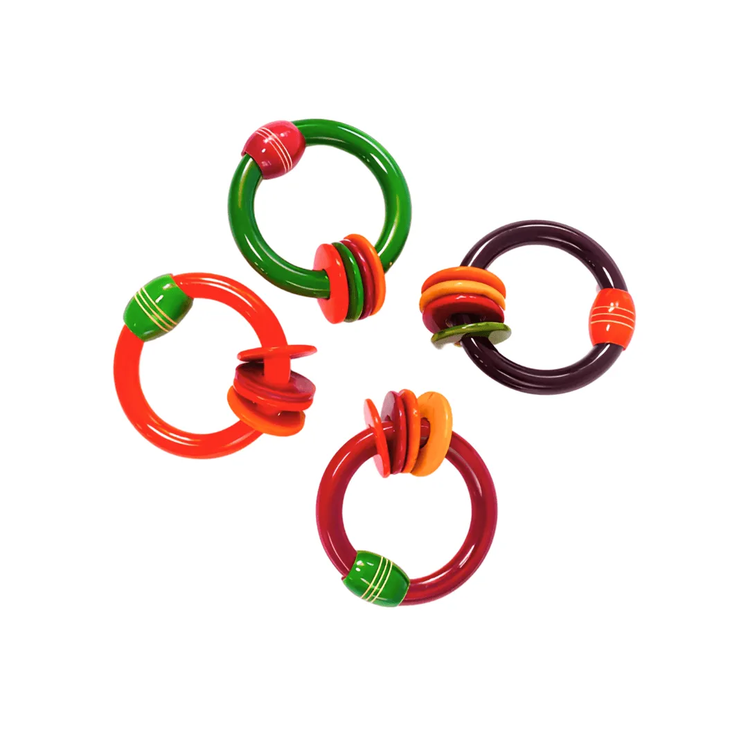 Wooden Bangle Rattle with 4 Rings in Multicolor, Suitable for Kids Aged 6-12 Months, Set of 4