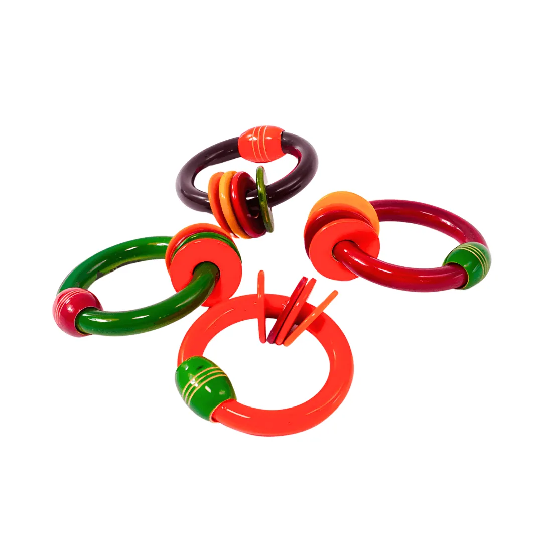 Wooden Bangle Rattle with 4 Rings in Multicolor, Suitable for Kids Aged 6-12 Months, Set of 4