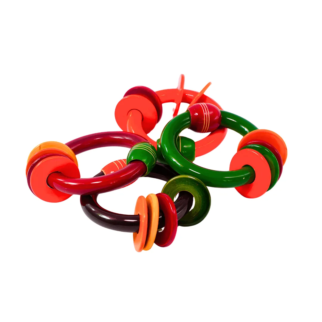 Wooden Bangle Rattle with 4 Rings in Multicolor, Suitable for Kids Aged 6-12 Months, Set of 4